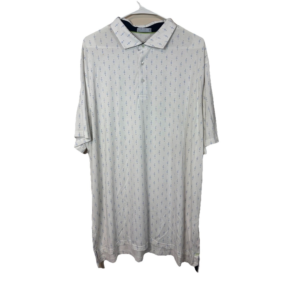 Tasc Performance Polo Shirt Mens  XXL White Blue Geometrical  Short Sleeve Golf